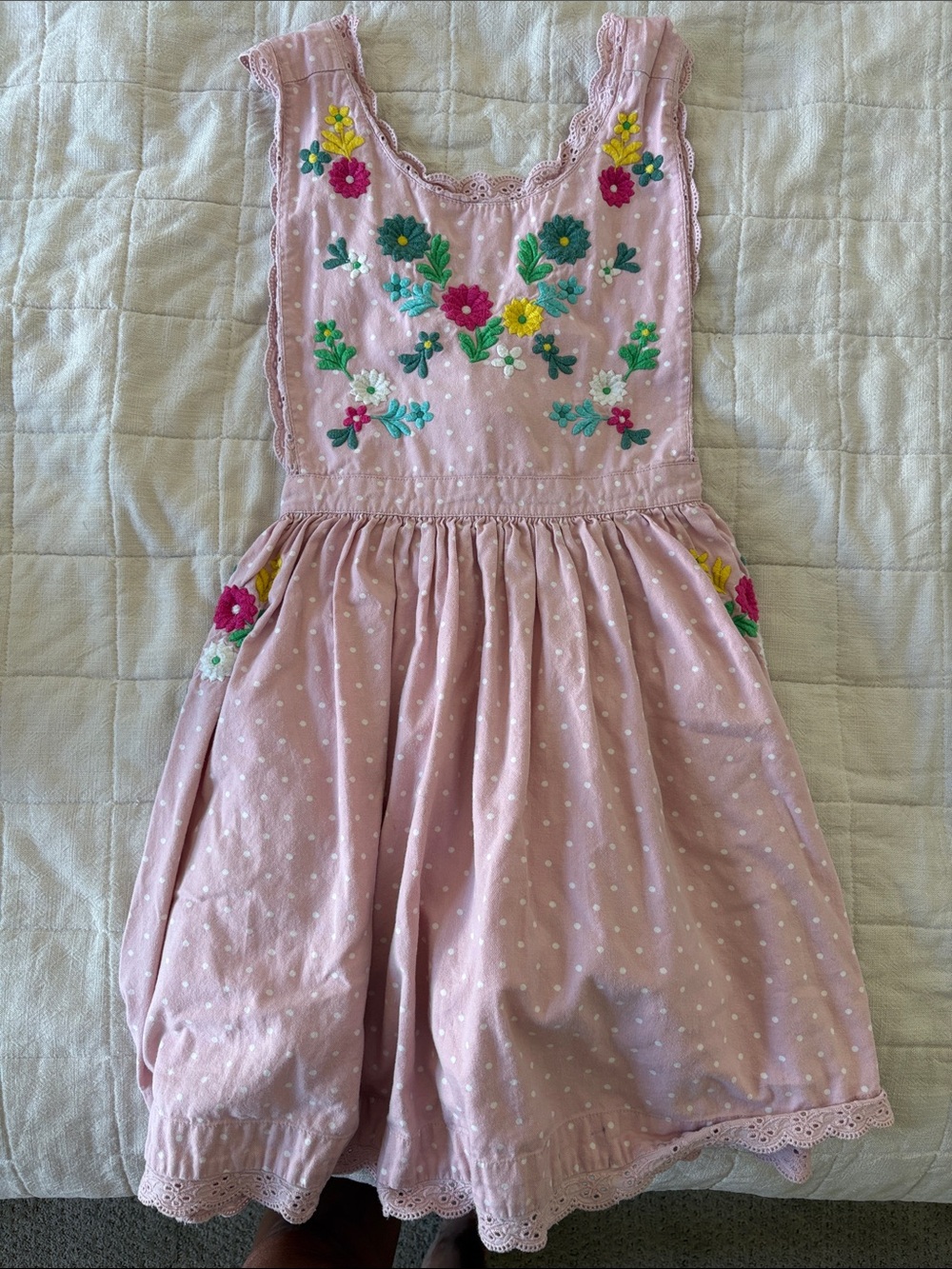 Mini Boden Pink Polka Dot Dress with Colorful Floral Embroidery